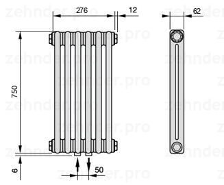 Схема (чертеж) Радиатор Zehnder Charleston 2075/6 №3470 Белый глянцевый RAL 9016